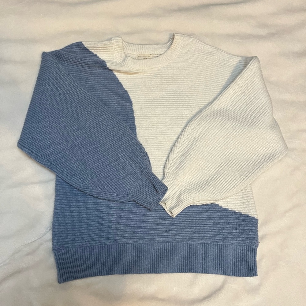 Blue and White Boutique Funky Colorblock Sweater 2X Balloon Sleeves